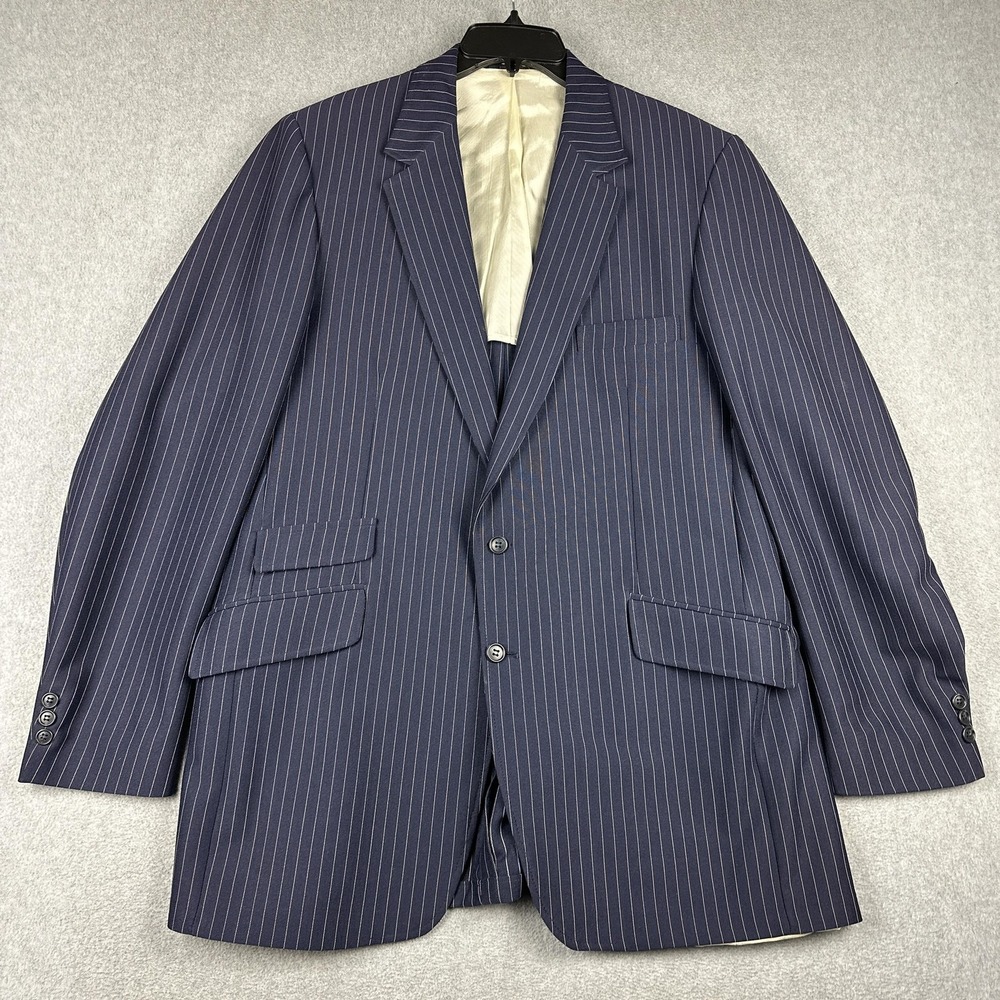 Vintage Suit Jacket Mens 44L Blue Pinstripe Classic Fit 2 Button Notch Lapel